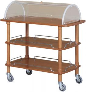CLC2013 Wooden service trolley 3 shelves plx dome 110x55x114h walnut color