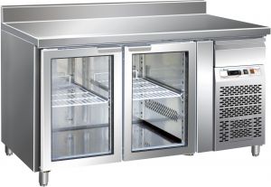 G-GN2200TNG - Ventilated stainless steel table with upstand Temp. -2 / + 8 ° C 3 Glass doors 