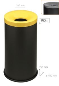 T770024 Fireproof paper bin Black steel with grey colored lid 90 liters