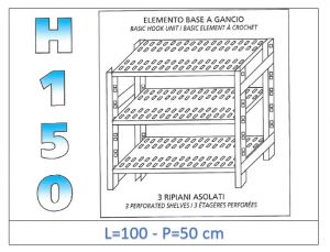 IN-G37010050B Estante con 3 estantes ranurados fijación de gancho dim cm 100x50x150h