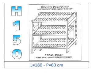 IN-G37018060B Estante con 3 estantes ranurados fijación de gancho dim cm 180x60x150h