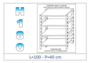 IN-18G46910040B Shelf with 4 smooth shelves hook fixing dim cm 100x40x180h 