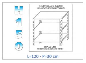 IN-B36912030B Estante con 3 estantes lisos fijación de pernos dim cm 120x30x150h