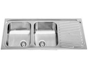 POA1623S Welded kitchen sink with 2 left bowls, dimensions 116x50 cm with drainer and robust thickness of 0.7 mm